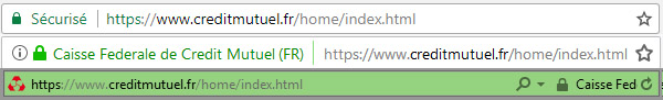 Les barres d’adresses de Chrome, Firefox et Internet explorer quand le navigateur affiche le site creditmutuel.fr